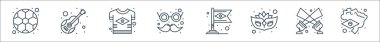 Brezilya karnaval çizgisi simgeleri. Doğrusal küme. Brezilya, spot ışıkları, maske, Brezilya bayrağı, karnaval maskesi, tişört, gitar gibi kalite vektör dizileri