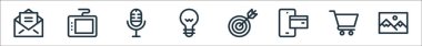 Dijital pazarlama çizgisi simgeleri. Doğrusal küme. peyzaj, alışveriş arabası, cep telefonu ödemesi, hedef, fikir, mikrofon, grafik tablet gibi kalite vektör dizileri