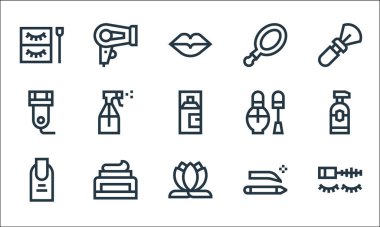 Güzellik çizgisi simgeleri. Doğrusal küme. Rimel, nilüfer, manikür, kaş kalemi, yüz kremi, jilet, tırnak cilası, cep aynası, saç kurutma makinesi gibi kalite vektör dizileri