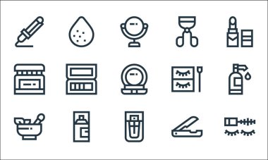 Güzellik çizgisi simgeleri. Doğrusal küme. Rimel, parfüm, bitkisel, jilet, saç spreyi, yüz kremi, kirpik, sünger gibi kalite vektör dizileri