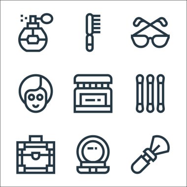 Güzellik çizgisi simgeleri. Doğrusal küme. Kaliteli vektör çizgisi: fırça, toz, makyaj kutusu, pamuk tomurcuk, yüz kremi, yüz maskesi, gözlük, saç fırçası