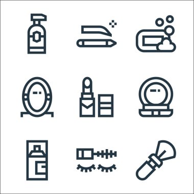 Güzellik çizgisi simgeleri. Doğrusal küme. Fırça, rimel, saç spreyi, pudra, ruj, ayna, sabun, kaş kalemi gibi kalite vektör çizgileri