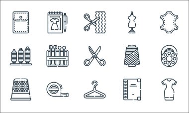 Dikiş çizgisi simgeleri. Doğrusal küme. Elbise, askı, yüksük, katalog, mezura, şerit, iplik, manken, çizim gibi kalite vektör dizileri