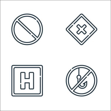 Sinyaller ve yasaklama çizgisi simgeleri. Doğrusal küme. Kaliteli vektör çizgisi: Balıkçılık, otel ve uyarı yok