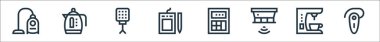 Elektronik hat simgeleri. Doğrusal küme. Eller serbest, kahve makinesi, duman dedektörü, hesap makinesi, grafik tableti, ışık, su ısıtıcısı gibi kalite vektör çizgisi