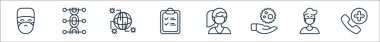 Covid çizgi simgeleri. Doğrusal küme. Telefon, erkek, virüs, kadın, kontrol listesi, salgın, genetik gibi kalite vektör dizileri