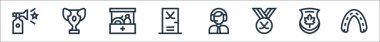Hokey çizgisi simgeleri. Doğrusal küme. Ağız koruyucusu, akçaağaç, hokey, spor salonu, ilk yardım çantası gibi kalite vektör dizileri.