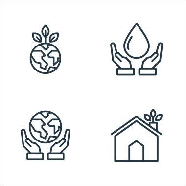 Ekoloji çizgisi simgeleri. Doğrusal küme. Eko evi, ekoloji gibi kalite vektör çizgisi kümesi, suyu kaydet