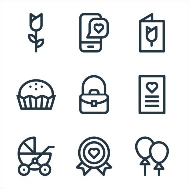 Anneler günü sembolleri. Doğrusal küme. Balonlar, madalya, bebek arabası, tebrik kartı, el çantası, bonbon, posta, aşk gibi kalite vektör dizileri