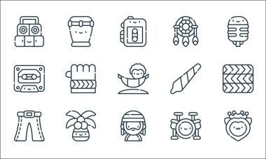 reggae çizgisi simgeleri. Doğrusal küme. Aslan, reggae, zil, davul, palmiye ağacı, kaset, eklem, düş kapanı, bongo gibi kalite vektör dizileri