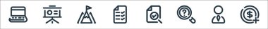 iş ve yönetim çizgisi simgeleri. Doğrusal küme. Gelir, işadamı, arama, gözden geçirme, liste, hedef, sunum gibi kalite vektör çizgisi