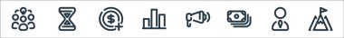 iş ve yönetim çizgisi simgeleri. Doğrusal küme. Hedef, işadamı, para, haber, çizelge, gelir, zaman gibi kalite vektör çizgisi