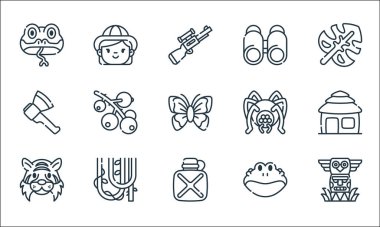 orman çizgisi simgeleri. Doğrusal küme. Totem, kantin, kaplan, kurbağa, asma, balta, örümcek, dürbün, kız gibi kalite vektör dizileri