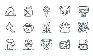 orman çizgisi simgeleri. Doğrusal küme. Kürtaj, aslan, ağaç, harita, palmiye, balta, el izi, fil, matara gibi kalite vektör dizileri