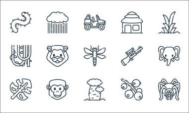 orman çizgisi simgeleri. Doğrusal küme. Örümcek, ağaç, yaprak, böğürtlen, goril, asma, tüfek, kulübe, yağmur gibi kalite vektör dizileri