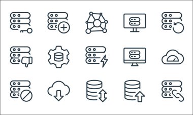 iş yeri sunucu satırı simgeleri. Doğrusal küme. Bağlantı, veri transferi, blok, dışa aktarma, indirme, kötü inceleme, veri, sunucu gibi kalite vektör satırı kümesi