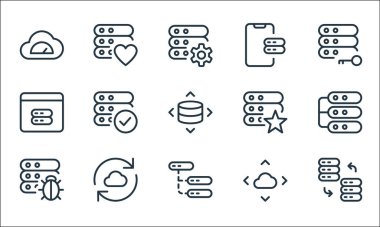 iş yeri sunucu satırı simgeleri. Doğrusal küme. kalite vektör çizgisi: değişim, transfer, hata, hareket, eşzamanlama, web tarayıcı, yıldız, sunucu, gibi