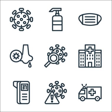 Düz çizgi simgeleri. Doğrusal küme. Ambülans, dikkat, termometre, hastane, virüs araması, burun akışı, yüz maskesi, el dezenfektanı gibi kalite çizgisi