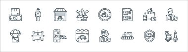 dağıtım hattı simgeleri. Doğrusal küme. Motosiklet, taşıyıcı, teslimat, hava indirme, akıllı telefon, depo, hız, teslimatçı gibi kalite vektör dizileri