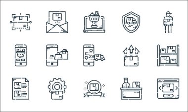 dağıtım hattı simgeleri. Doğrusal küme. Web sitesi, garanti, kontrol listesi, nakliye, yönetim, akıllı telefon, yükleme, koruma, e-posta gibi kalite vektör dizileri