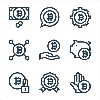 Kripto para birimi çizgisi simgeleri. Doğrusal küme. Bitcoin, ödül, kripto para birimi, tasarrufu, alımı, bitcoin, bitcoin gibi kalite vektör çizgisi kümesi,