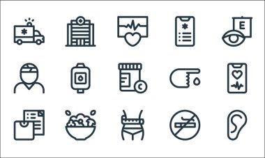 Sağlık çizgisi simgeleri. Doğrusal küme. Kulak, bel, ağırlık ölçeği, sigara, salata, yaralanma, kan testi, sağlık, hastane gibi kalite vektör çizgisi