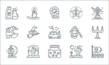 Ürkütücü cadılar bayramı çizgisi simgeleri. Doğrusal küme. Bayrak, göz kavanozu, fener, korkunç, mezarlık, cadılar bayramı, ölüm meleği, kara büyü, mum ışığı gibi kalite vektör dizileri