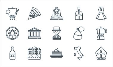 İtalya çizgi simgeleri. Doğrusal küme. Papa, tiramisu, şarap, italya, venice, kalkan, parfüm, gladyatör, pizza gibi kalite vektör dizileri