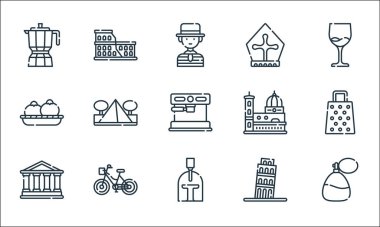 İtalya çizgi simgeleri. Doğrusal küme. Parfüm, gladyatör, Roma, bisiklet, domates, çiçek, papa, kolezyum gibi kalite vektör dizileri