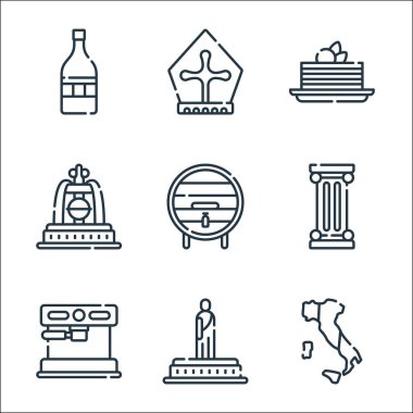 İtalya çizgi simgeleri. Doğrusal küme. İtalya, heykel, kahve makinesi, sütun, şarap fıçısı, çeşme, tiramisu, papa gibi kalite vektör dizileri