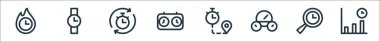 Hız göstergesi ve zaman çizelgesi simgeleri. Doğrusal küme. Kalite vektör çizgisi: zaman, bekleme, hız göstergesi, süre, saat, kronometre, saat