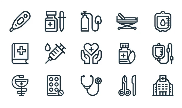 Medizinische Werkzeuge Reihen Symbole Aneinander Lineares Set Qualitätsvektorleitungsset Wie Krankenhaus — Stockvektor