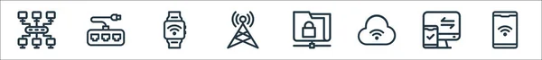 Netzleitungssymbole Lineares Set Qualitätsvektorleitungsset Wie Smartphone Paar Wifi Ordner Antenne — Stockvektor