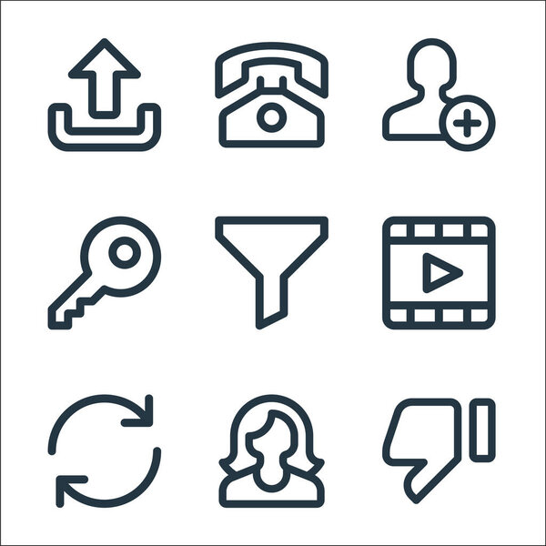 user interface line icons. linear set. quality vector line set such as dislike, female, sync, film, filter, key, add user, phone