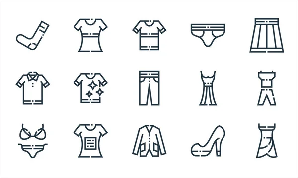 服装和服装系列图标 线性集 高跟鞋 T恤等质量矢量线 — 图库矢量图片