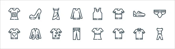 服やアパレルラインのアイコン 直線セット スポーツウェア Tシャツ ズボン Tシャツ ドレス ハイヒールなどの品質ベクトルラインセット — ストックベクタ