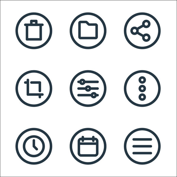 basic ui line icons. linear set. quality vector line set such as menu, calendar, time, more, adjust, crop, share, folder