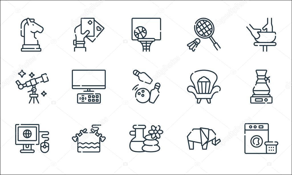free time line icons. linear set. quality vector line set such as washing machine, spa, surf, elephant, knitting, star gazing, watch, badminton, poker cards