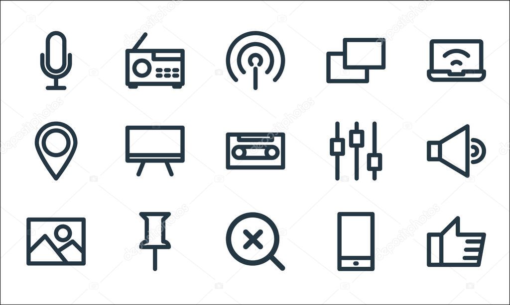 multimedia line icons. linear set. quality vector line set such as like, search, image, phone, pin, gps, equalizer, copy, radio