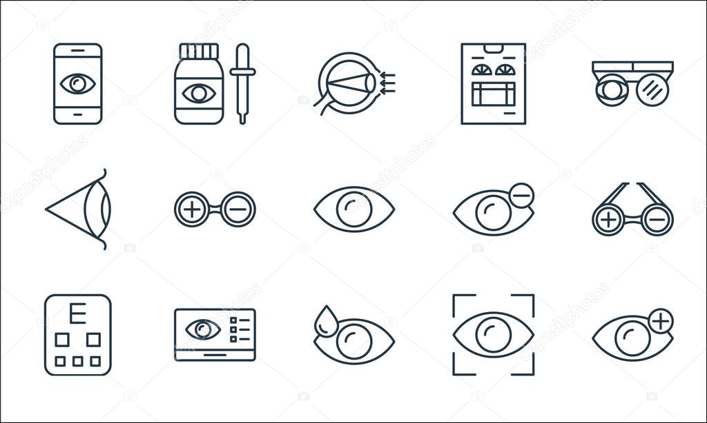 opthalmology line icons. linear set. quality vector line set such as hyperopia, eye, eye exam, focus, monitor, eye, myopia, eyedropper