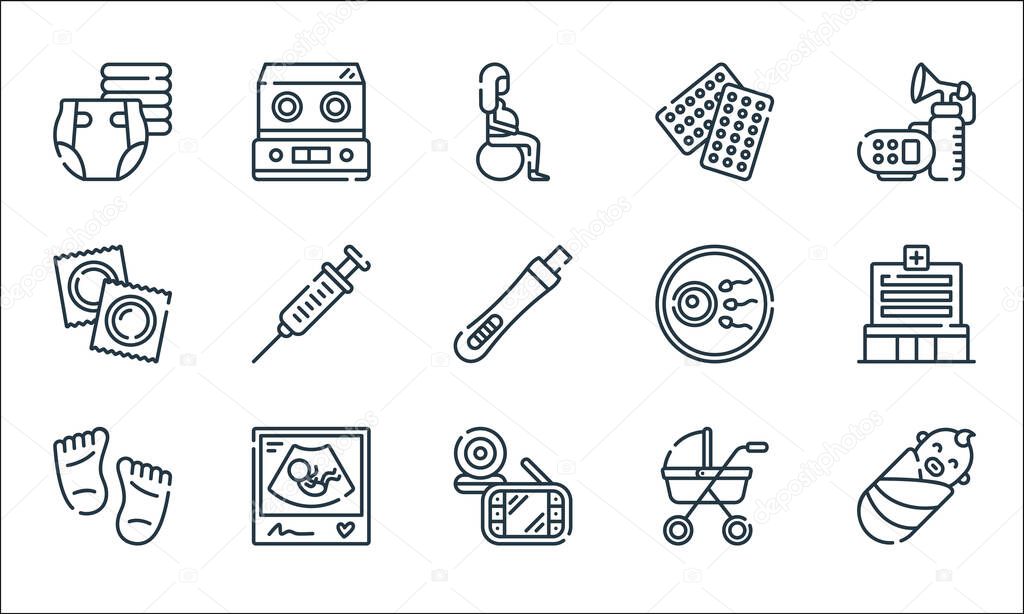 maternity line icons. linear set. quality vector line set such as baby, baby monitor, feet, baby stroller, ultrasound, condom, in vitro, contraceptive pills, incubator