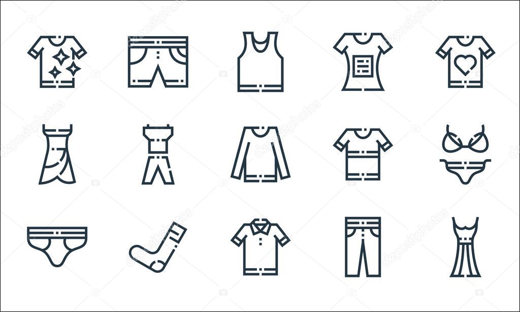 clothes and apparel line icons. linear set. quality vector line set such as dress, t shirt, underwear, trousers, long socks, dress, t shirt, t shirt, shorts