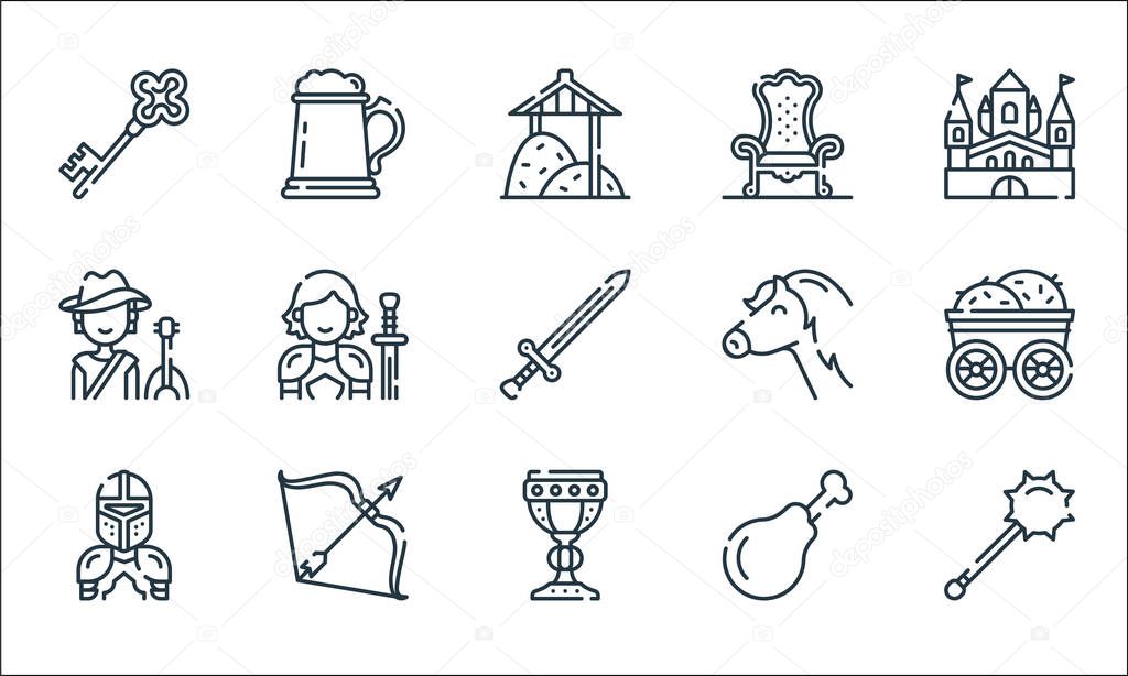 medieval times line icons. linear set. quality vector line set such as mace, holy chalice, armor, chicken leg, arrows, bard, horse, throne, beer mug