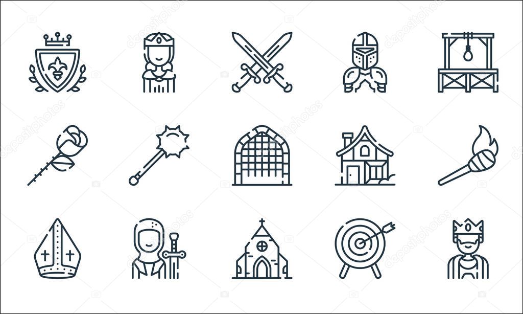 medieval times line icons. linear set. quality vector line set such as king, church, bishop, dartboard, crusader, rose, medieval house, armor, queen