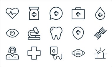 medical items line icons. linear set. quality vector line set such as emergency, infusion, nurse, mask, plus, eye, hospital, medicine box, bottle clipart