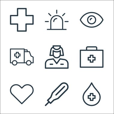 Tıbbi öğeler çizgisi simgeleri. Doğrusal küme. Kan, termometre, kalp, ilaç kutusu, hemşire, ambulans, göz, acil durum gibi kalite vektör çizgisi
