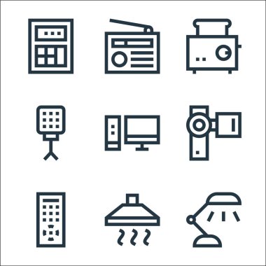 Elektronik hat simgeleri. Doğrusal küme. Masa lambası, ekstraktör, uzaktan kumanda, video kamera, masaüstü, ışık, tost makinesi, radyo gibi kalite vektör dizileri