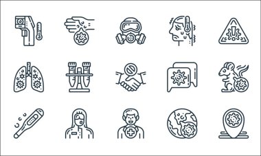 Virüs iletim hattı simgeleri. Doğrusal küme. Konum pimi, yeniden tanımlama, termometre, küresel, doktor, enfekte akciğerler, konuşma, ateş, eller gibi kalite vektör çizgisi