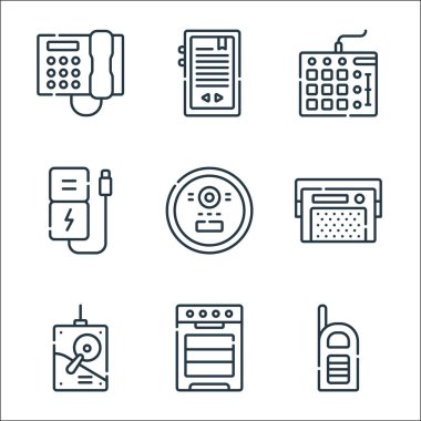 Elektronik hat simgeleri. Doğrusal küme. Kaliteli vektör dizisi: telsiz, fırın, sabit disk, radyo, elektrik süpürgesi, güç bankası, karıştırıcı, kitap