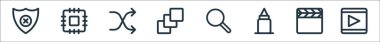 Grafik tasarım çizgisi simgeleri. Doğrusal küme. Video, alkış tahtası, yapıştırıcı, arama, sanat tahtası, karıştırma, Cpu gibi kalite vektör satırı kümesi